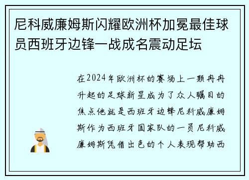 尼科威廉姆斯闪耀欧洲杯加冕最佳球员西班牙边锋一战成名震动足坛